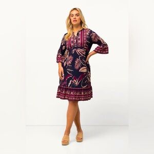 Ulla Popken Navy Mixed Leaf Print 3/4 Sleeve Knee Length Flounce Dress 20 22